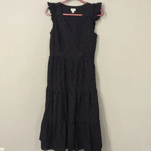 J Crew Cotton Eyelet Midi Dress Black 🖤 size 4 Ruffle Tiered